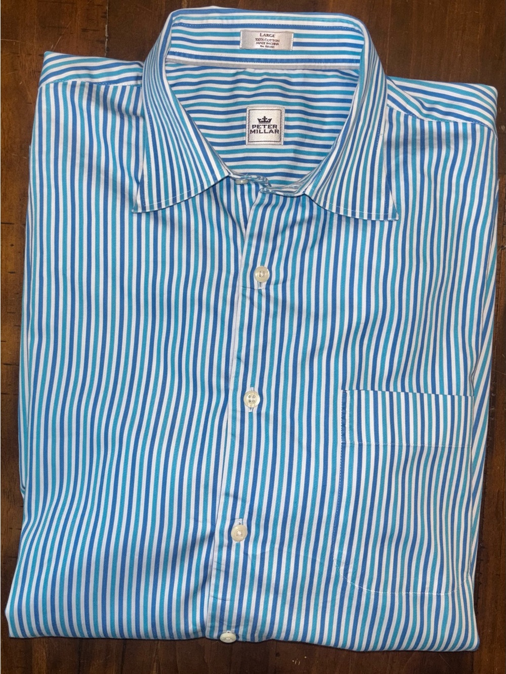 Peter Millar Mens Blue & White Narrow Stripe Dress Shirt
